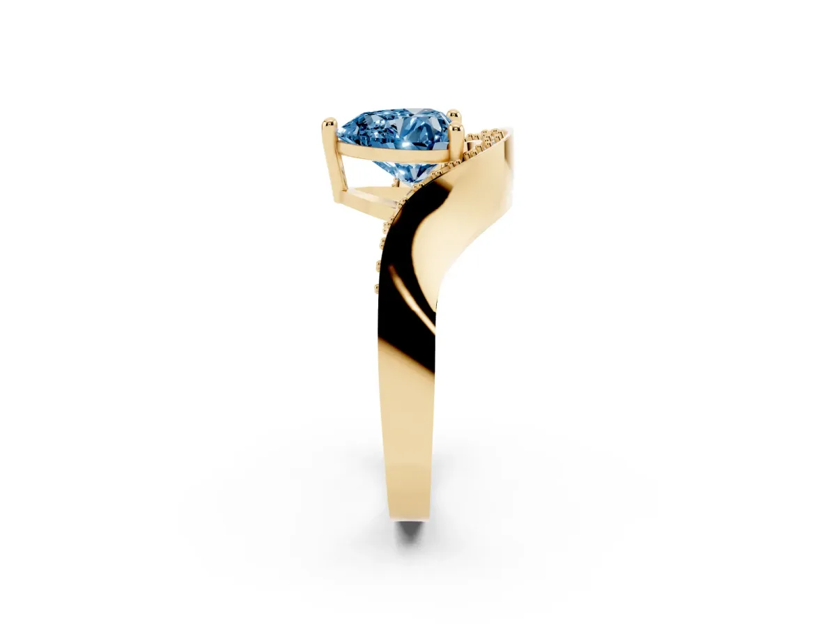 Fancy Blue Heart Cut Solitaire Diamond Engagement Ring with Pave Band and Four-Prong Setting Yellow gold