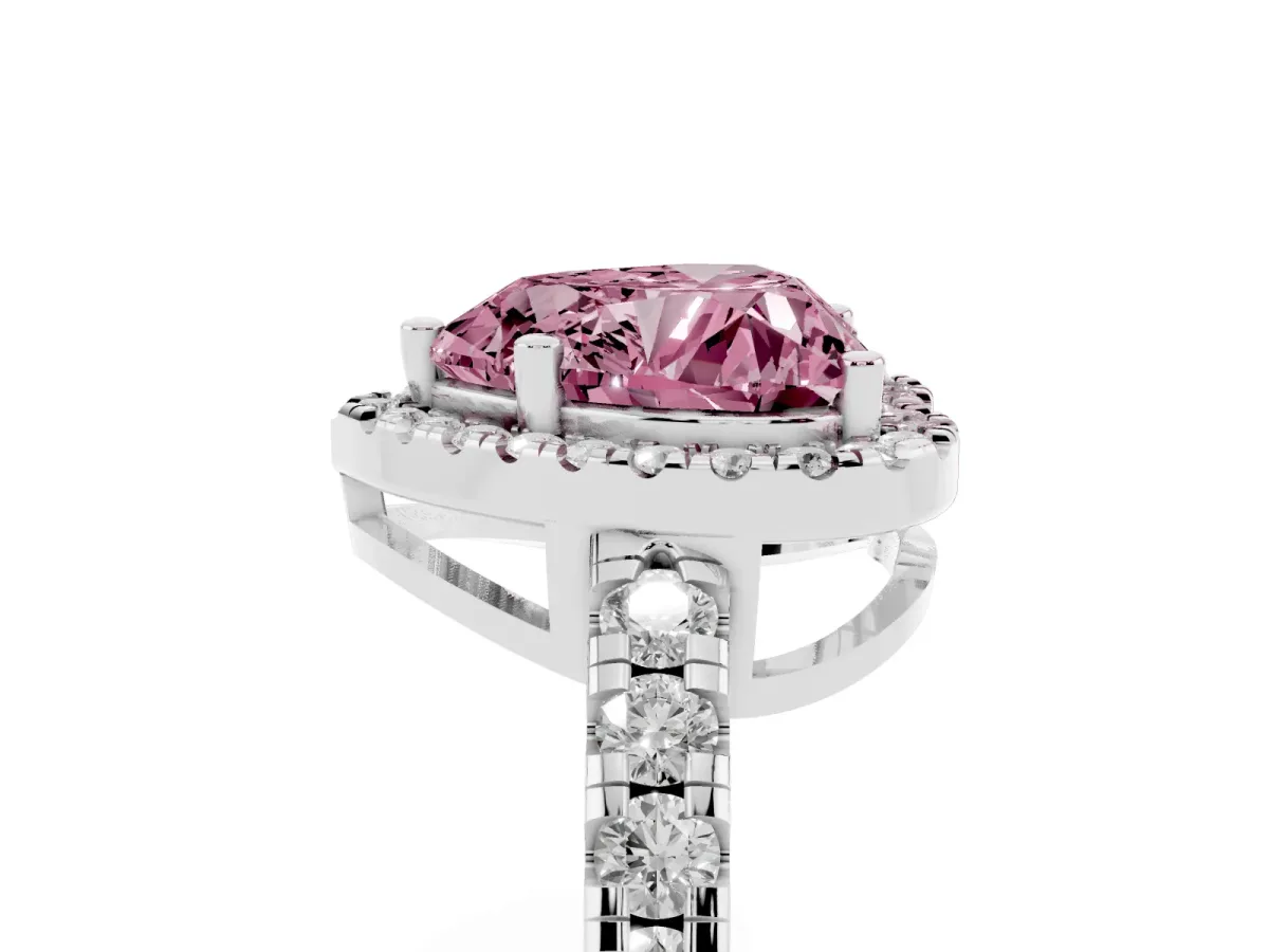 Fancy Pink Heart Cut Diamond Halo Ring with Pavé Band and Four-Prong Setting White gold