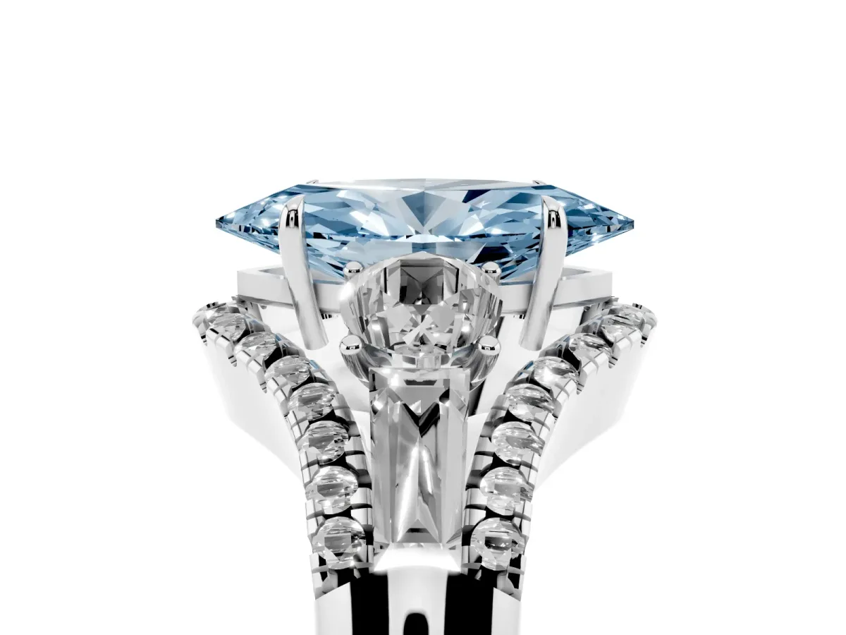 Fancy Blue Three-Stone Marquise Cut Diamond Engagement Ring with Pave Band and Prong Setting Silver