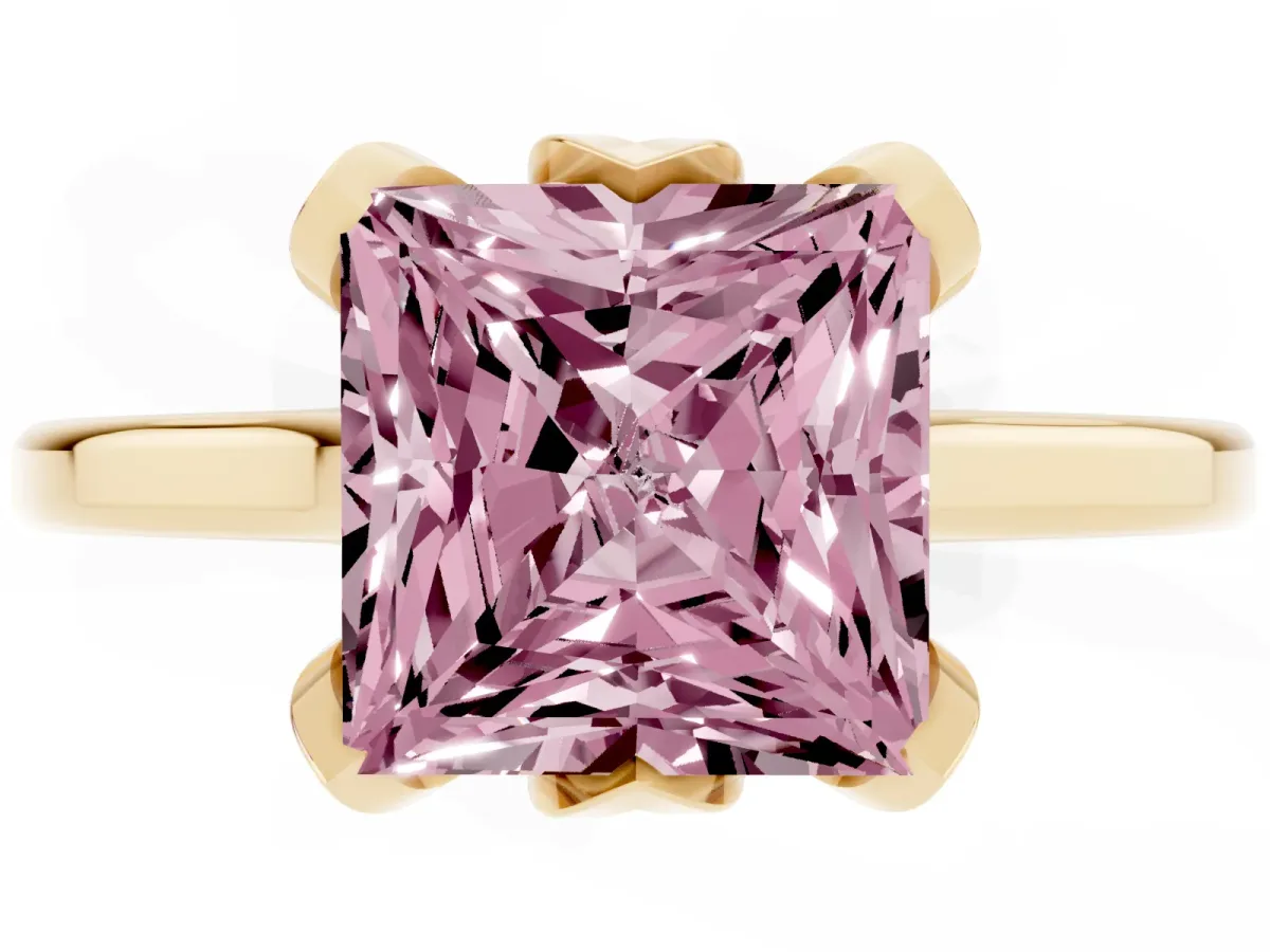 Fancy Pink Princess Cut Diamond Solitaire Ring with Flower Prong Setting and Classic Band Yellow gold