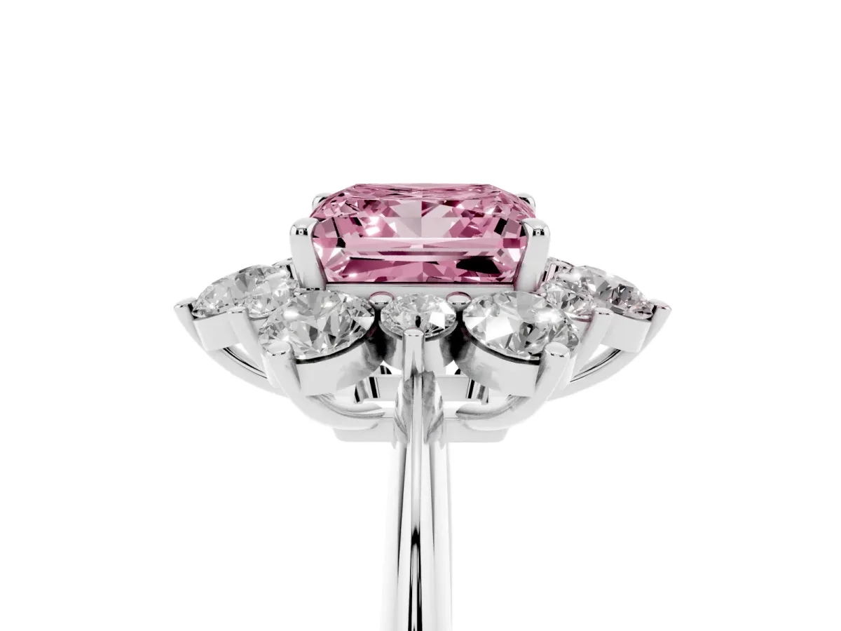 Fancy Pink Princess Cut Diamond Cluster Halo Ring with Solitaire Band and Four-Prong Setting Platinum