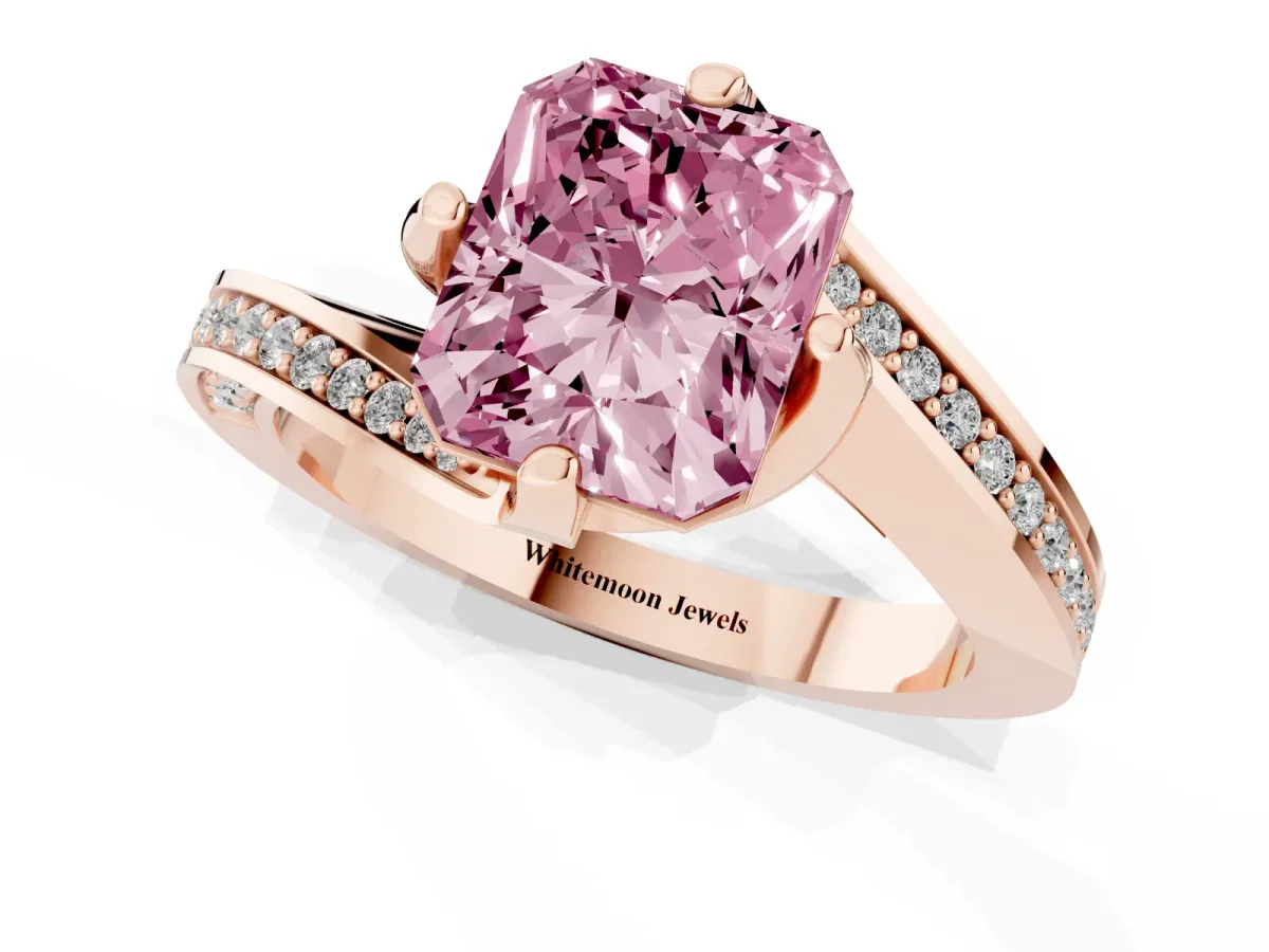 Fancy Pink Radiant Cut Solitaire Diamond Twist Band with Pavé Setting and Four-Prong Setting Rose gold