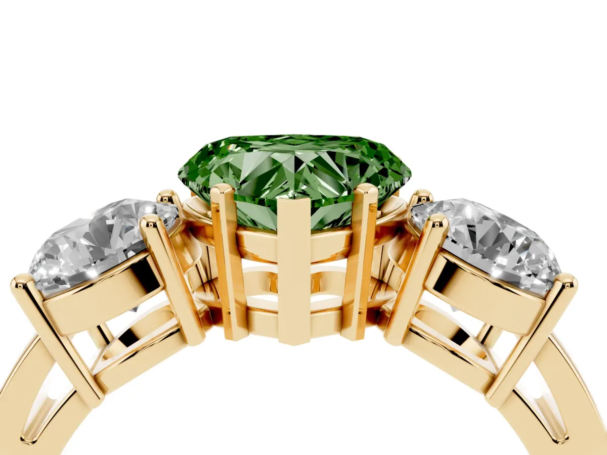 Fancy Green Three-Stone Heart Cut Diamond Ring with Round Side Stones, Classic Band, and Four-Prong Setting Yellow gold