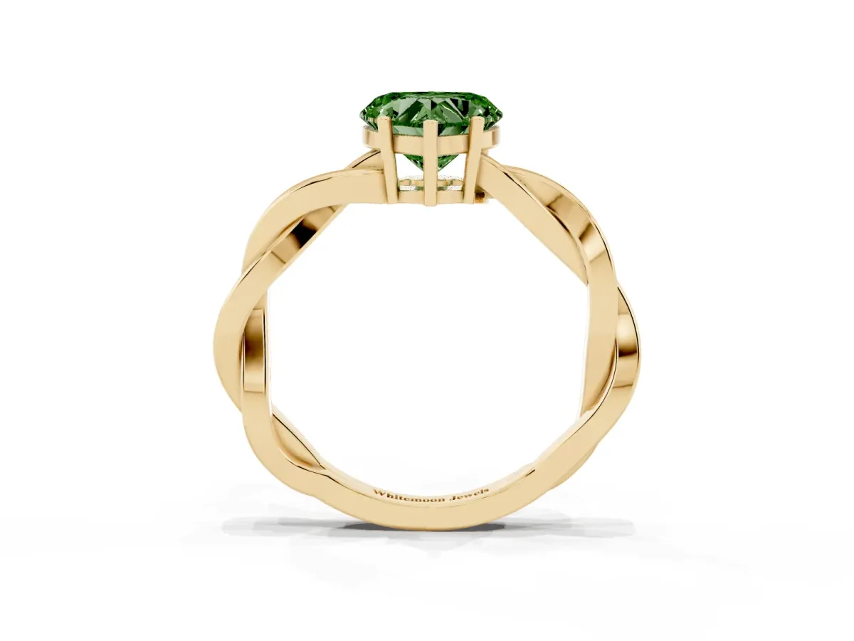 Fancy Green Heart Cut Solitaire Twisted Pave Diamond Ring with Four-Prong Setting Yellow gold
