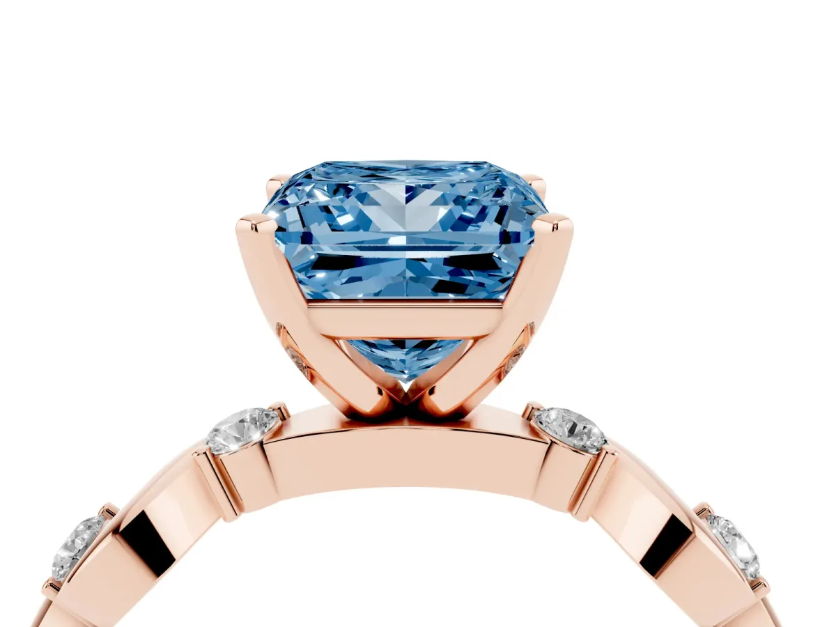 Fancy Blue Princess Cut Diamond Solitaire Twisted Band with Round Accents and Prong Setting Rose gold