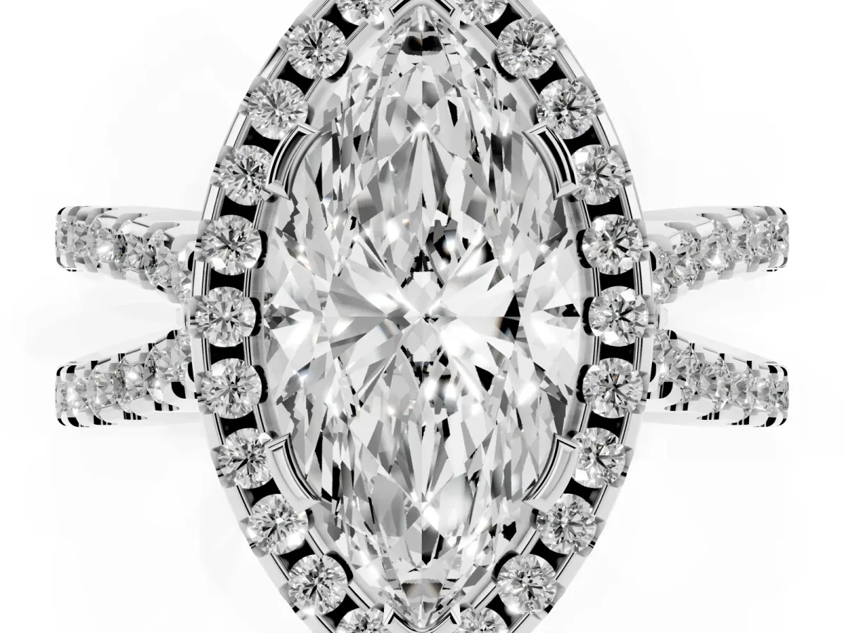 Marquise Cut Diamond Halo Ring with Split Shank Pavé Band and Prong Setting Silver
