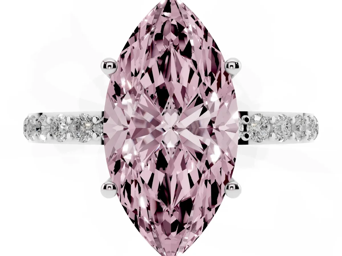 Fancy Pink Marquise Cut Diamond Solitaire Ring with Round Pavé Shoulders and Prong Setting Silver