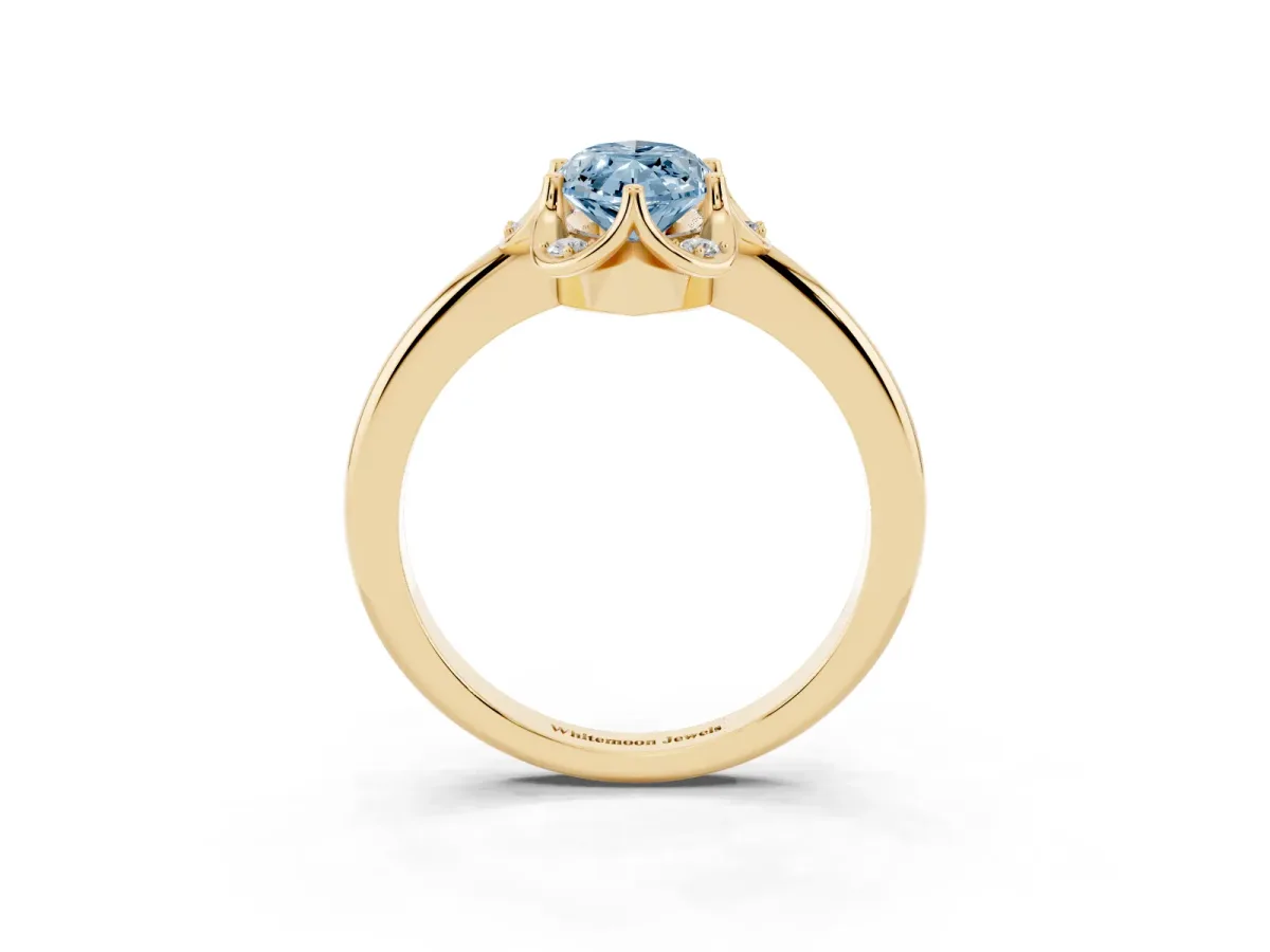 Fancy Blue Marquise Cut Halo Diamond Ring with Round Cluster Setting, Solitaire Band, and Four-Prong Setting Yellow gold