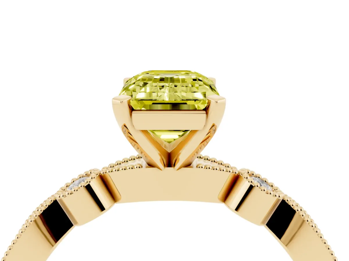 Fancy Yellow Emerald Cut Milgrain Bezel Diamond Engagement Ring with Solitaire Prong Setting Yellow gold
