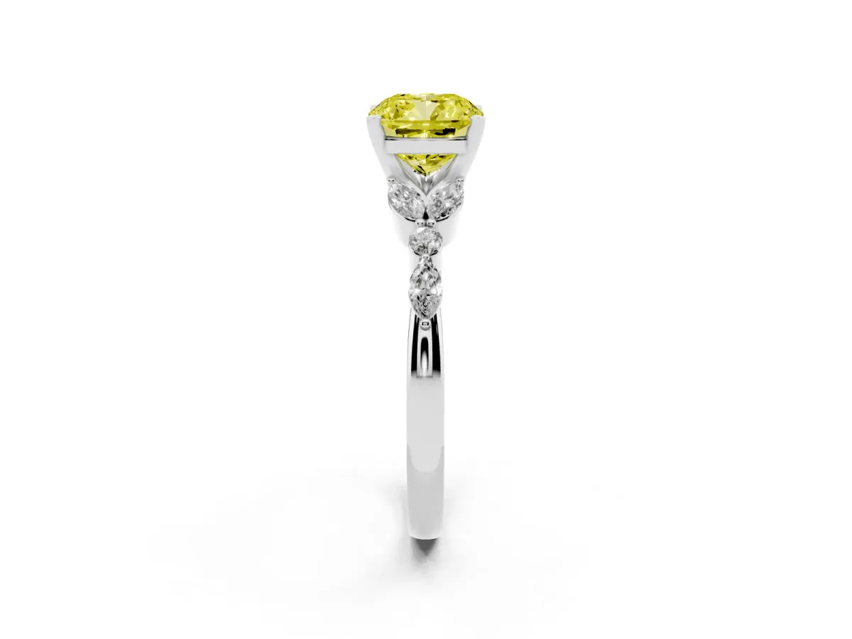 Fancy Yellow Cushion Cut Diamond Solitaire Ring with Side Stones and Four-Prong Setting Silver