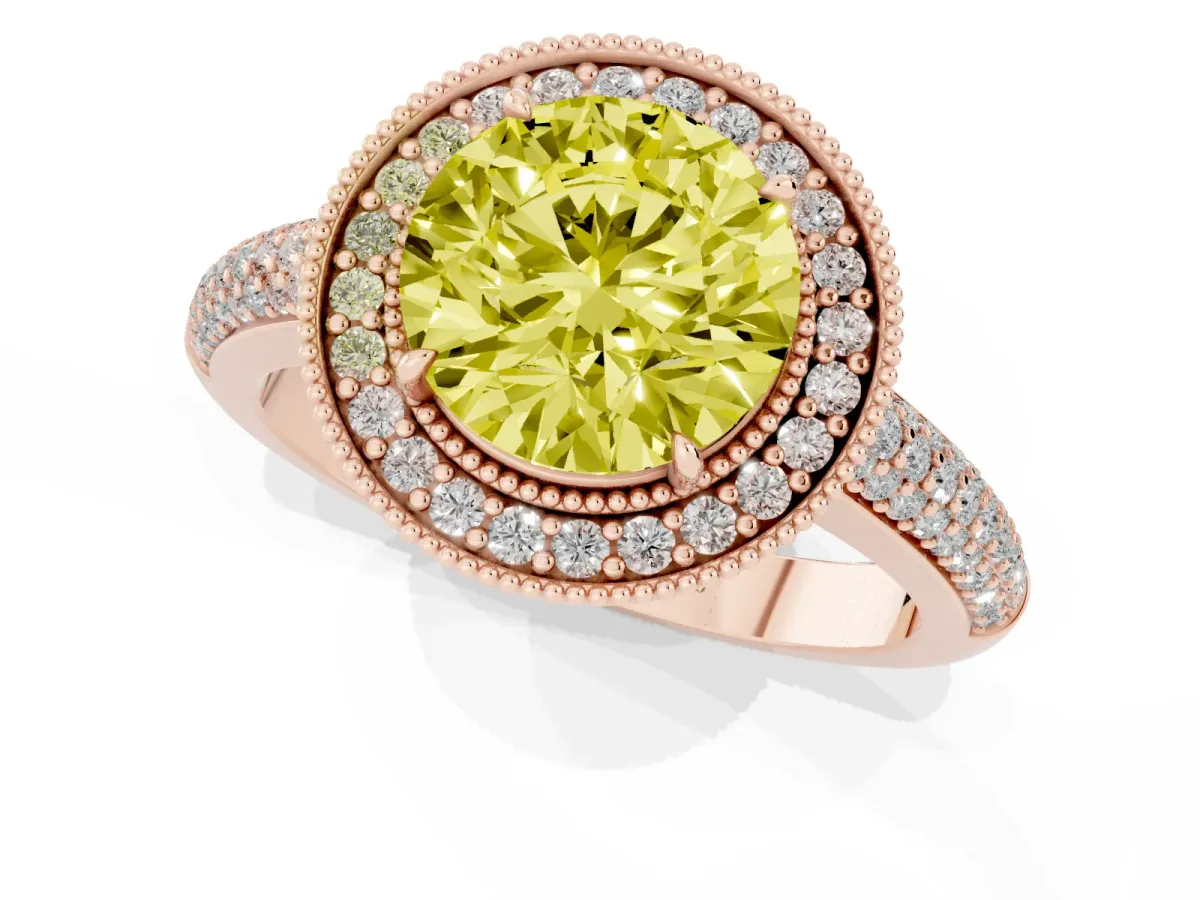 Fancy Yellow Round Cut Cut Halo Diamond Pave Band with Four-Prong Setting Rose gold