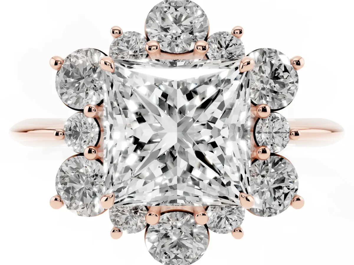 Princess Cut Diamond Cluster Halo Ring with Solitaire Band and Four-Prong Setting Rose gold