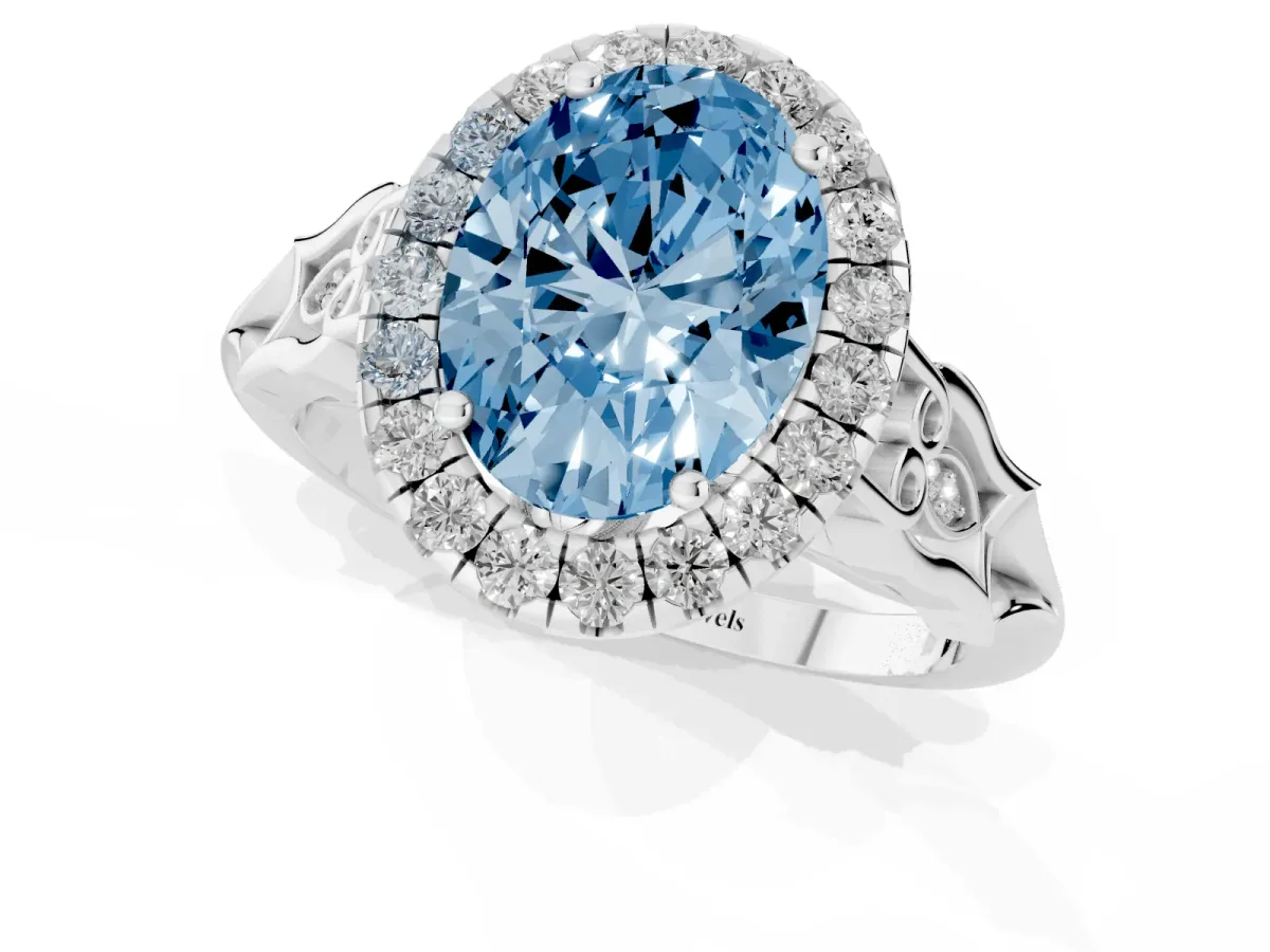 Fancy Blue Oval Cut Halo Diamond Engagement Ring with Filigree Band and Four-Prong Setting White gold