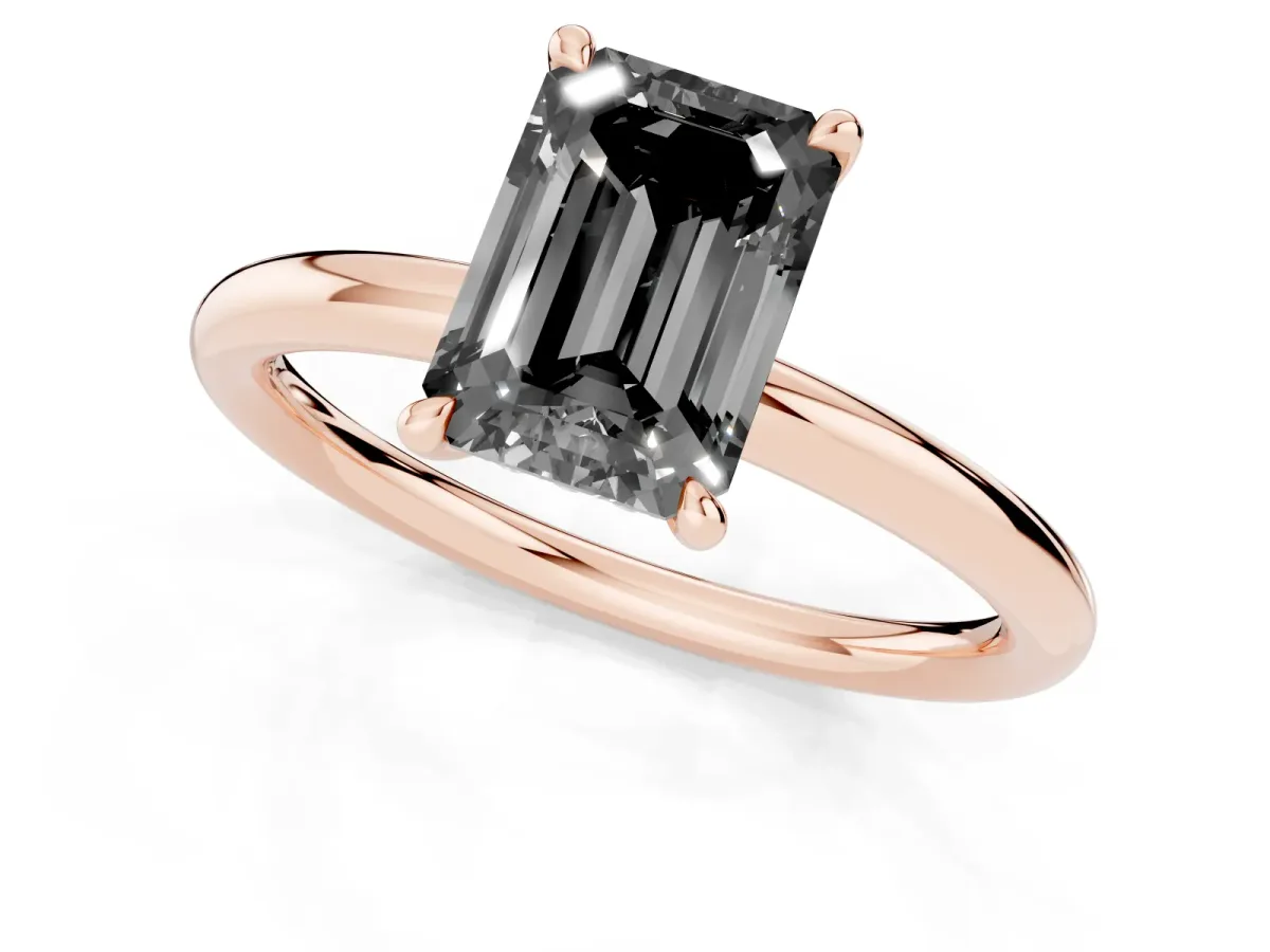Fancy Black Emerald Cut Diamond Solitaire Ring with Thin Band and Four-Prong Setting Rose gold