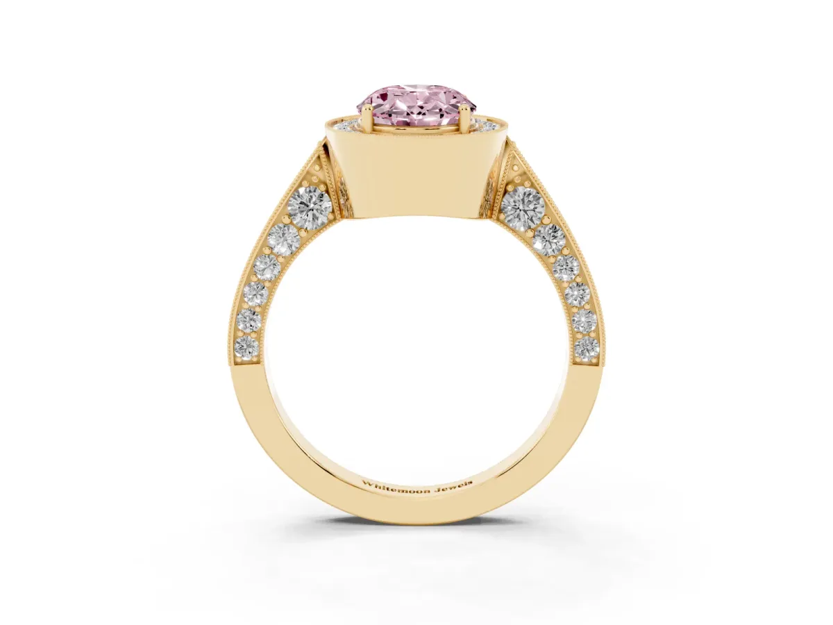 Fancy Pink Oval Cut Halo Diamond Engagement Ring with Split Shank Band and Four-Prong Setting Yellow gold