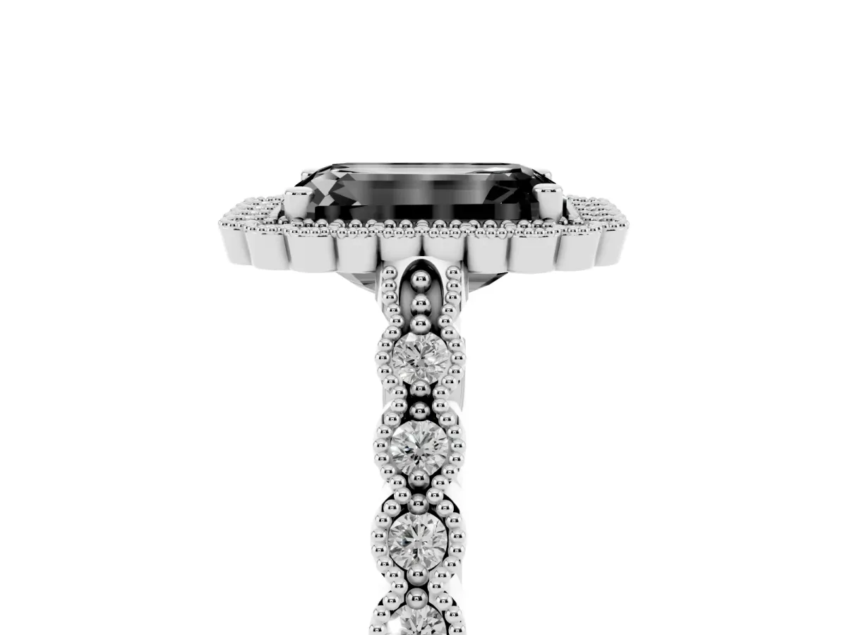 Fancy Black Emerald Cut Cut Halo Pavé Solitaire Ring with Milgrain Band Silver