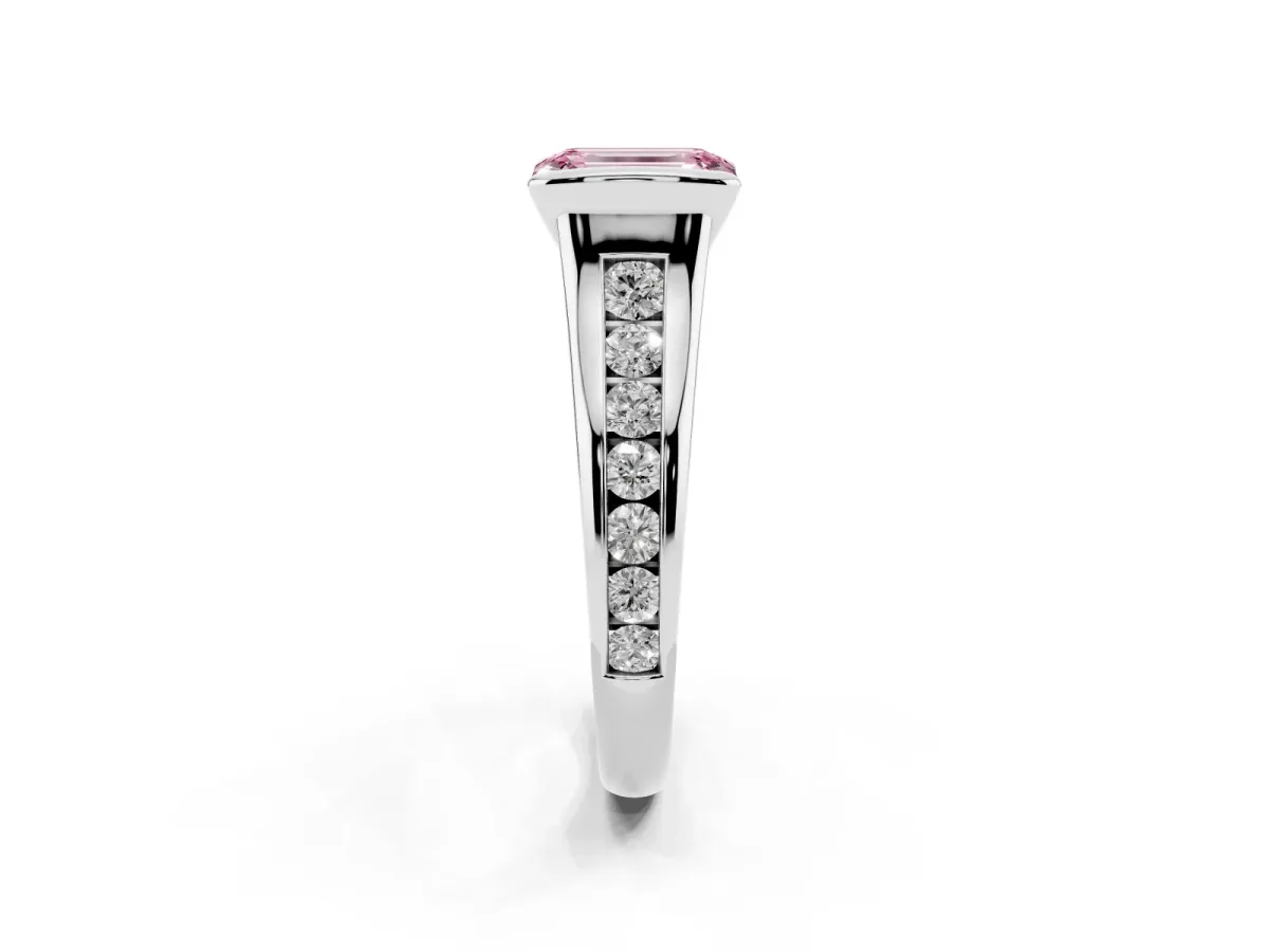 Fancy Pink Emerald Cut Solitaire Bezel-Set Diamond Ring with Channel-Set Band Platinum