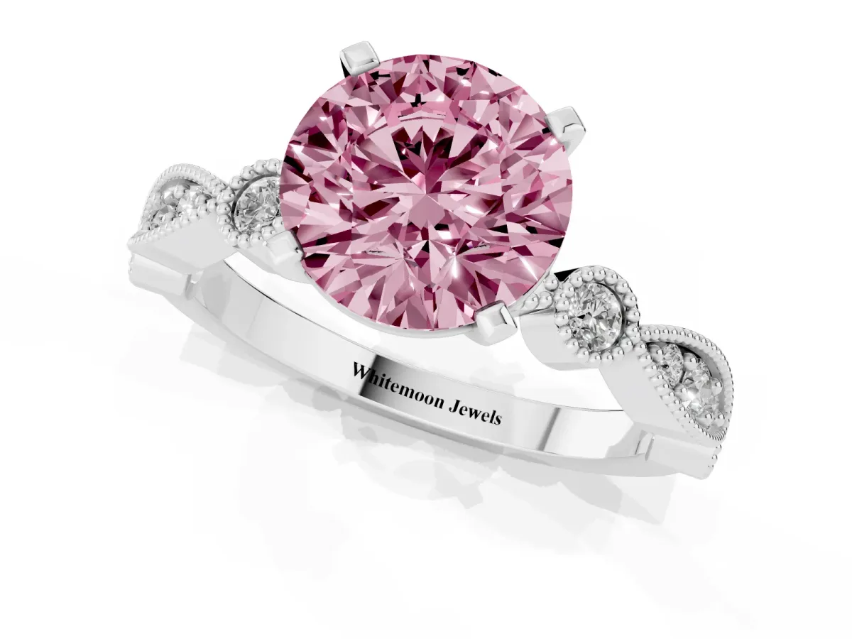 Fancy Pink Round Cut Milgrain Bezel Diamond Engagement Ring with Solitaire Prong Setting Silver