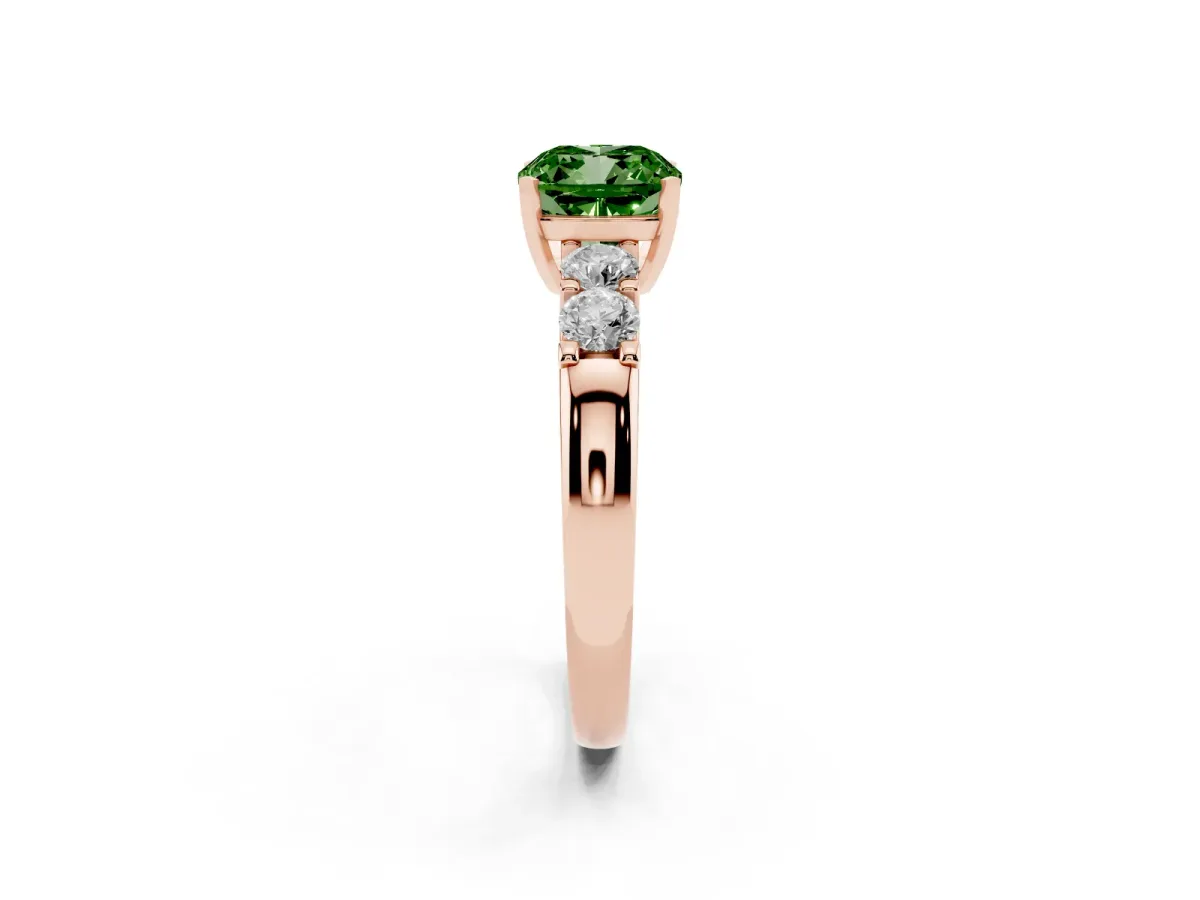 Fancy Green Cushion Cut Brilliant Cut Diamond Five-Stone Prong Set Engagement Ring with Channel Band Rose gold