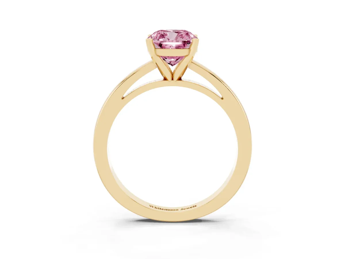 Fancy Pink Cushion Cut Solitaire Diamond Engagement Ring with Four-Prong Setting on a Classic Band Yellow gold