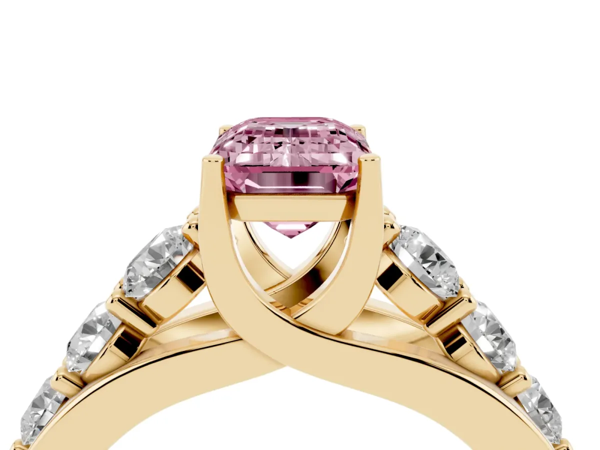 Fancy Pink Emerald Cut Diamond Engagement Ring with Pavé Band and Four-Prong Setting Yellow gold