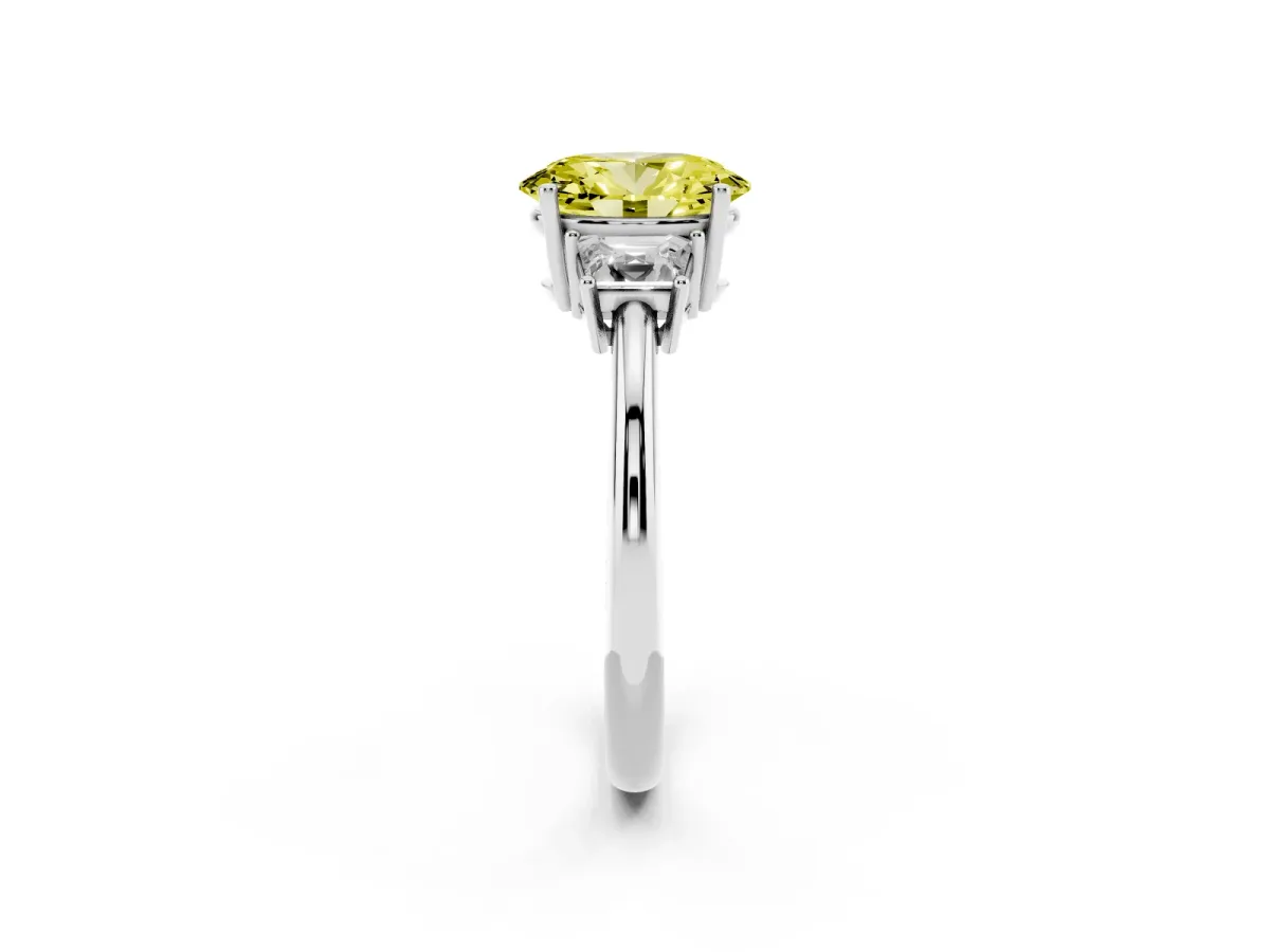 Fancy Yellow Oval Cut Diamond Three-Stone Ring with Trapezoid Side Stones and Prong Setting Platinum
