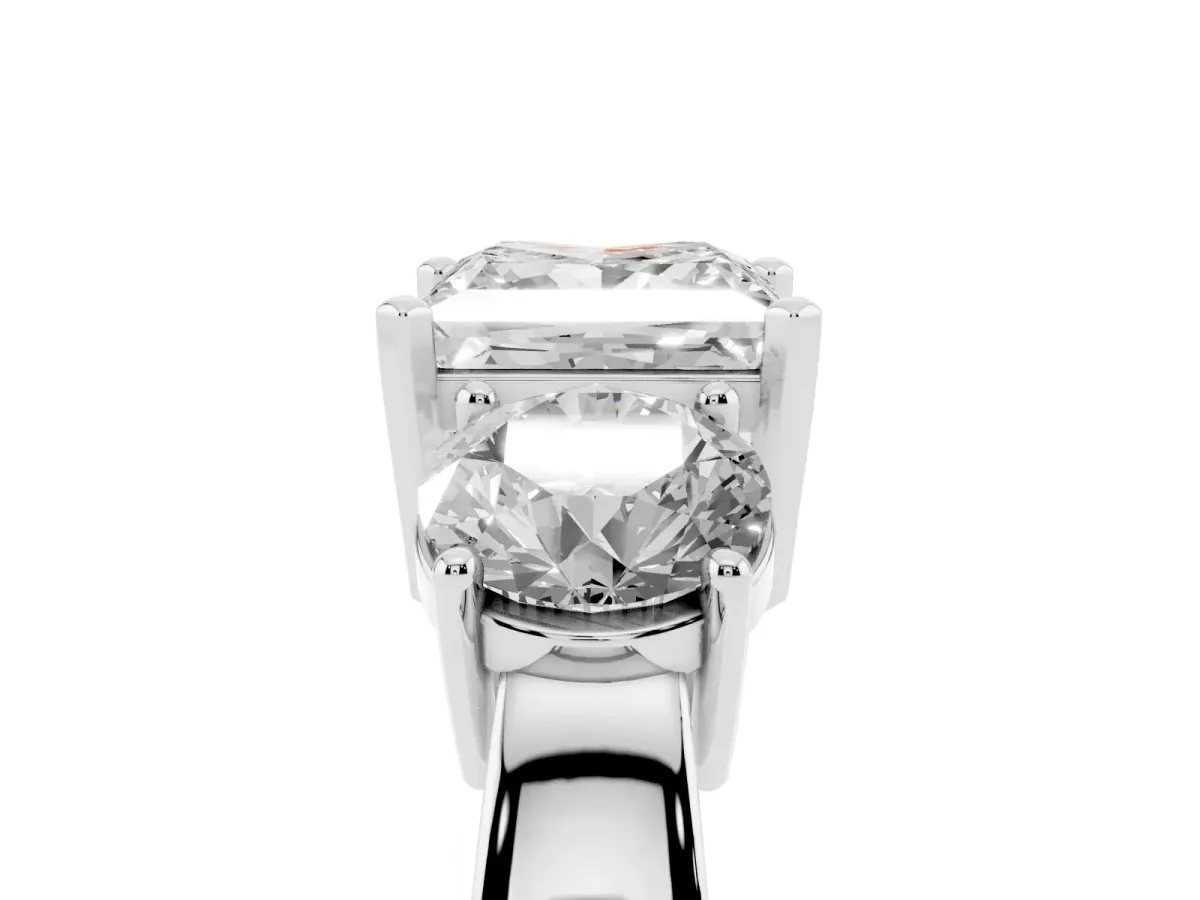Three-Stone Princess Cut Diamond Ring with Round Side Stones, Classic Band, and Four-Prong Setting White gold