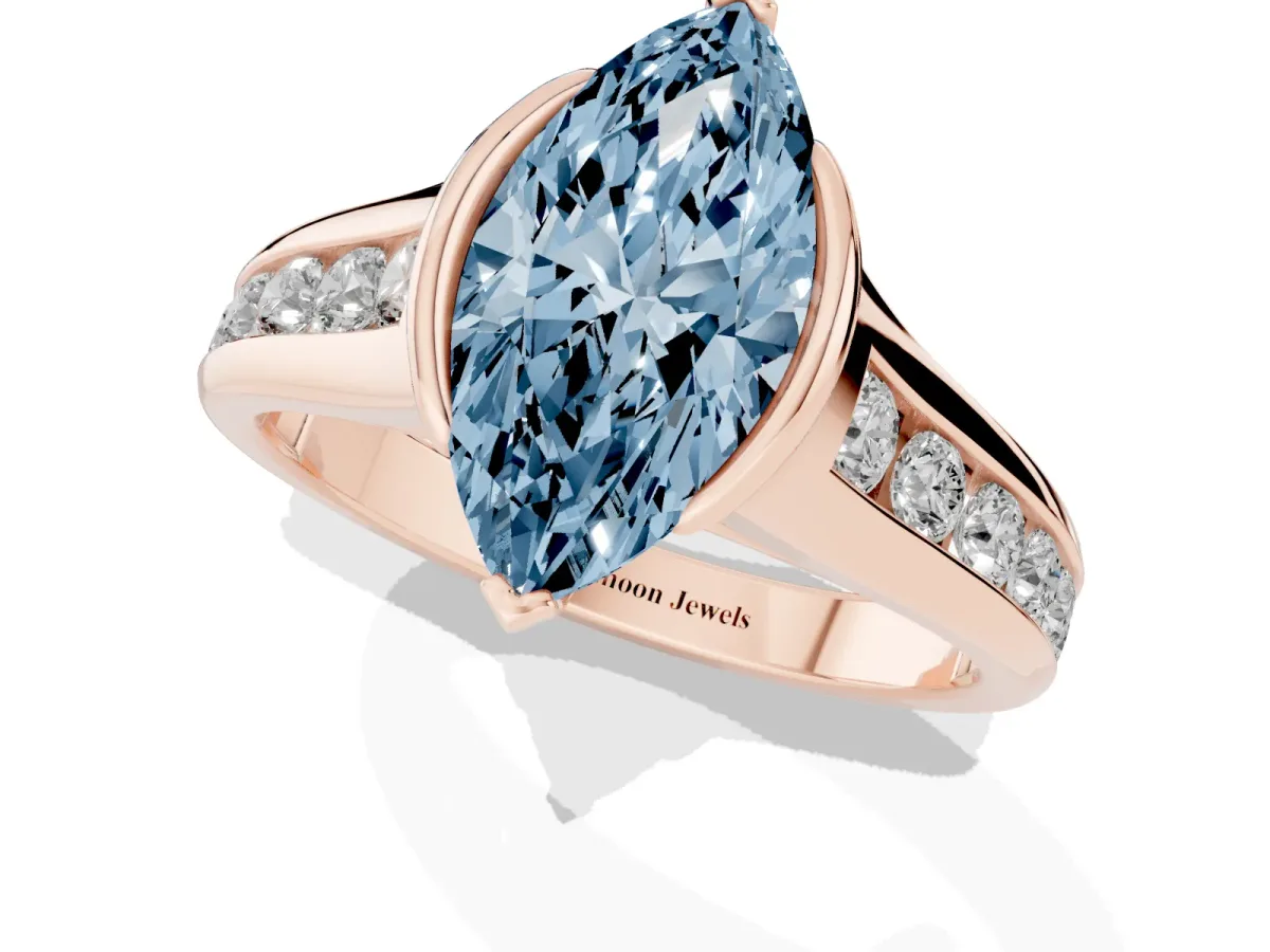 Fancy Blue Marquise Cut Solitaire Bezel-Set Diamond Ring with Channel-Set Band Rose gold