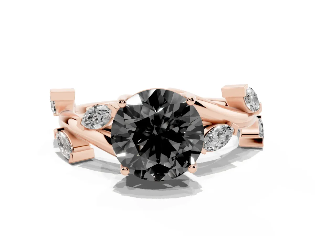 Fancy Black Round Cut Solitaire Twisted Band Marquise Accent Prong Setting Ring Rose gold