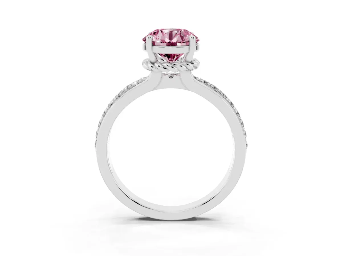 Fancy Pink Round Cut Solitaire Diamond Ring with Channel Set Band and Six-Prong Setting Silver