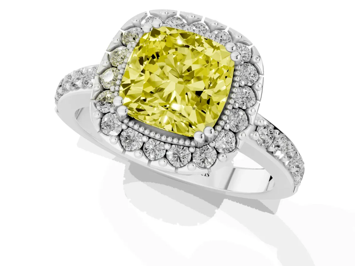 Fancy Yellow Cushion Cut Diamond Halo Ring with Pavé Band and Prong Setting Silver