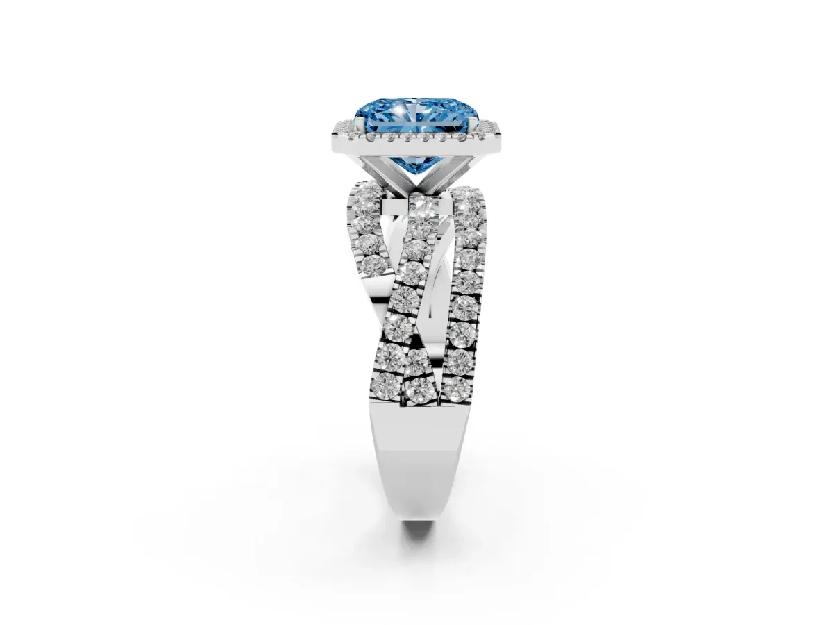 Fancy Blue Radiant Cut Diamond Halo Ring with Round Split Shank and Prong Setting Platinum