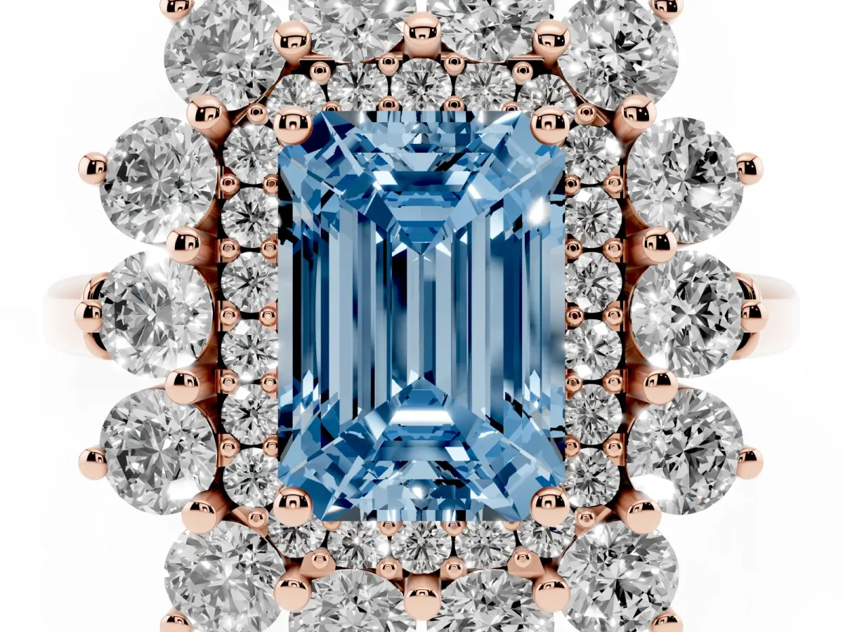 Fancy Blue Emerald Cut Diamond Floral Double Halo Engagement Ring with Prong Setting Rose gold