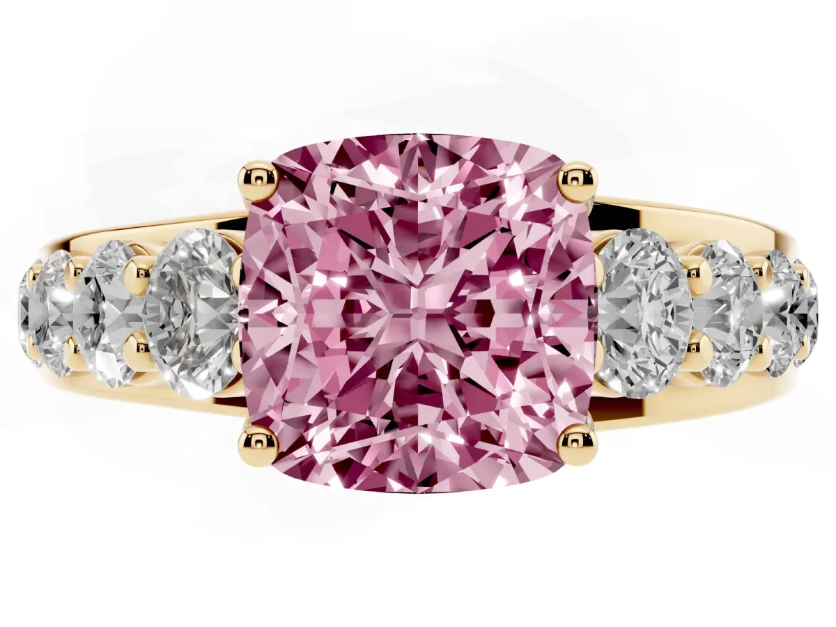 Fancy Pink Cushion Cut Diamond Engagement Ring with Pavé Band and Four-Prong Setting Yellow gold