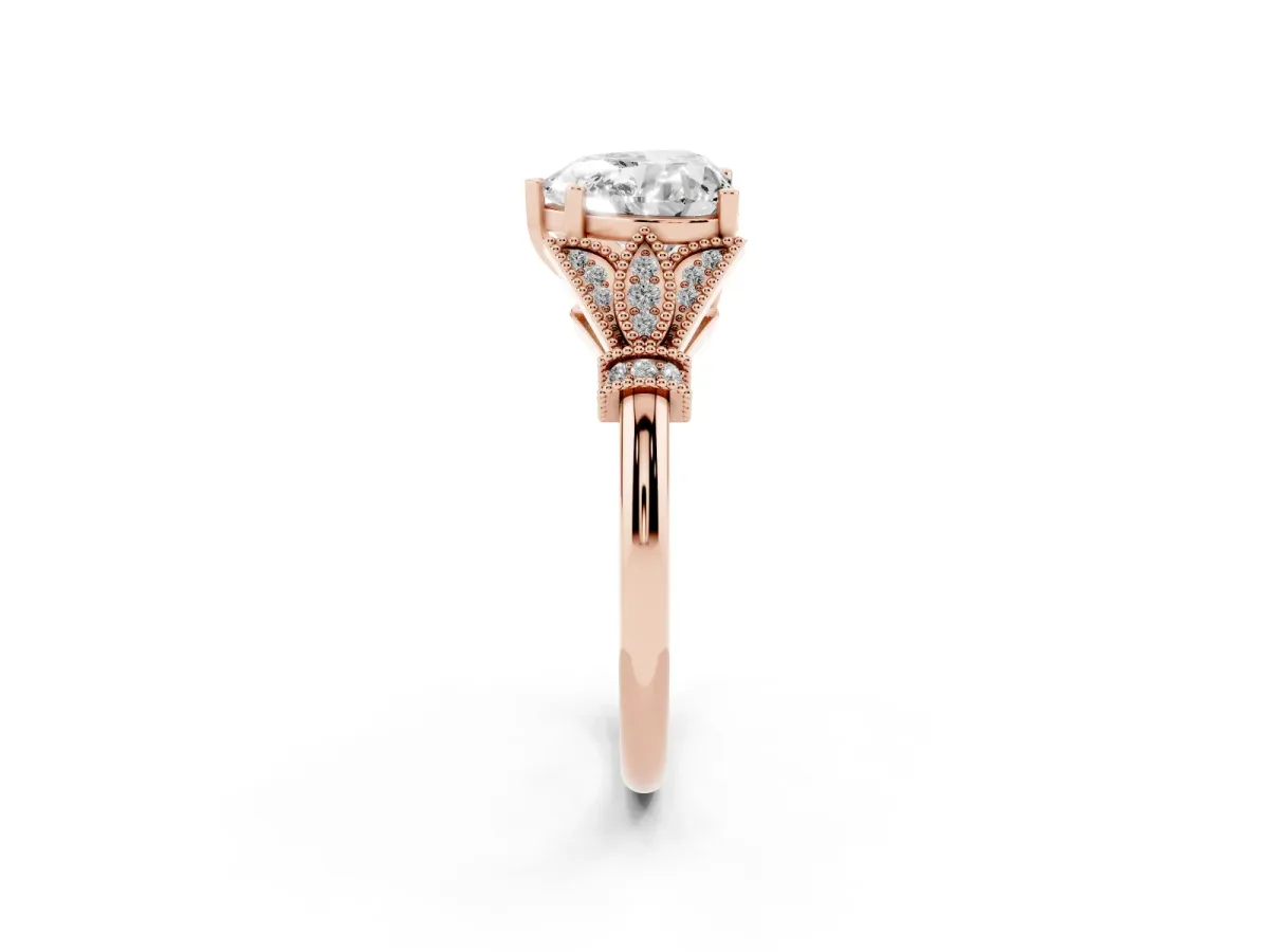 Heart Cut Diamond Solitaire Ring with Floral Filigree and Pave Accents Rose gold