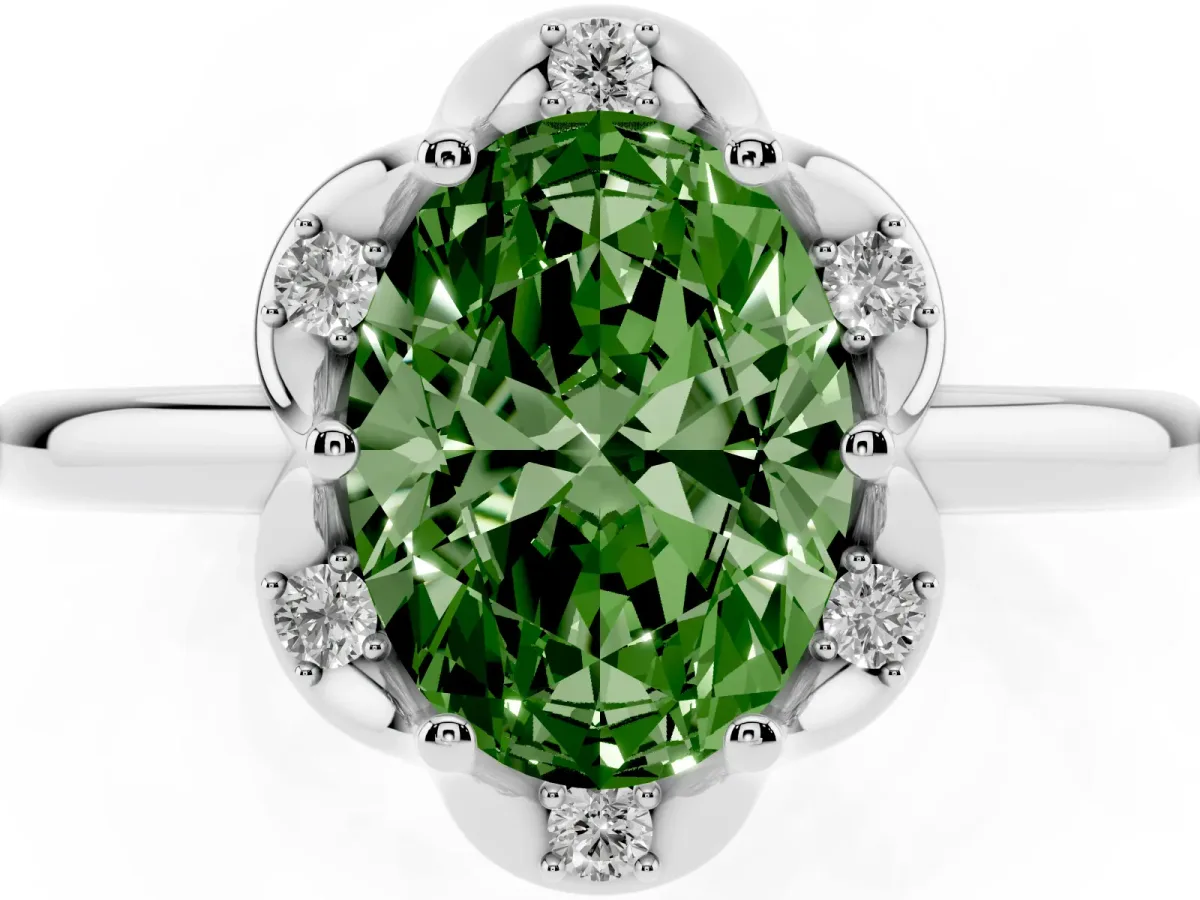 Fancy Green Oval Cut Halo Diamond Ring with Round Cluster Setting, Solitaire Band, and Four-Prong Setting White gold