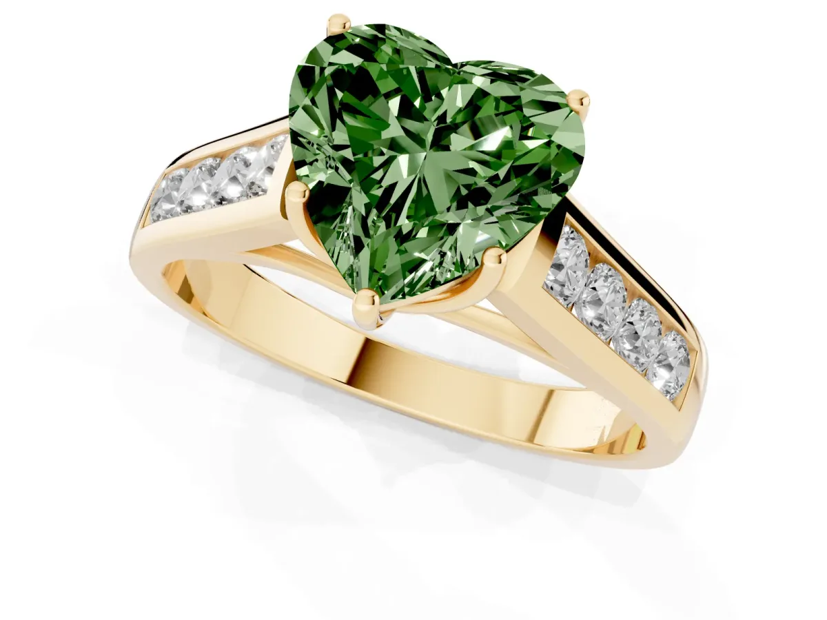 Fancy Green Heart Cut Solitaire Channel-Set Diamond Engagement Ring with Four-Prong Setting Yellow gold