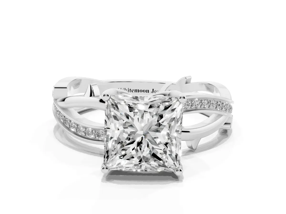 Princess Cut Solitaire Twist Band with Pavé Accents and Four-Prong Setting White gold