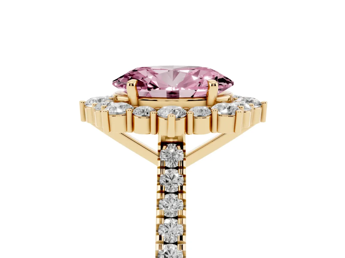 Fancy Pink Oval Cut Halo Diamond Ring with Pavé Band and Prong Setting Yellow gold