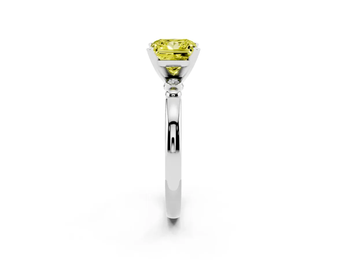 Fancy Yellow Princess Cut Solitaire Beaded Band with Four-Prong Setting Platinum
