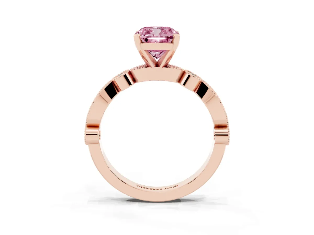 Fancy Pink Cushion Cut Milgrain Bezel Diamond Engagement Ring with Solitaire Prong Setting Rose gold