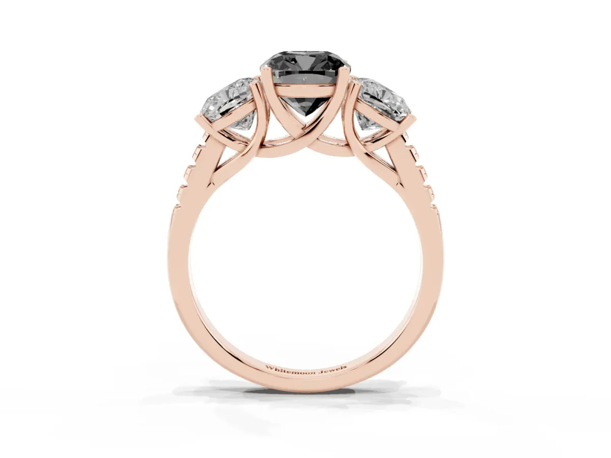 Fancy Black Three-Stone Cushion Cut Diamond Ring with Round Pavé Band and Prong Setting Rose gold