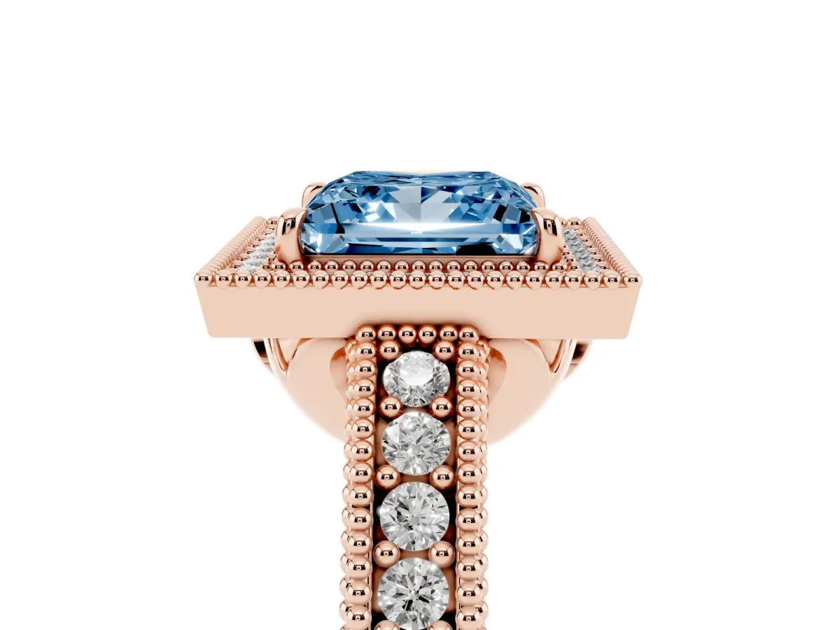 Fancy Blue Princess Cut Cut Halo Diamond Ring with Pavé Band and Four-Prong Setting Rose gold