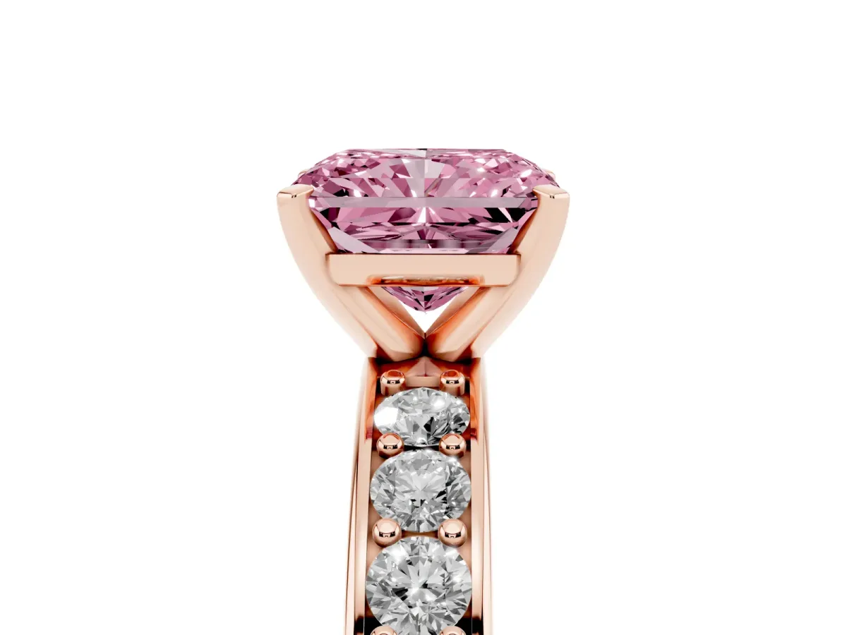 Fancy Pink Radiant Cut Diamond Engagement Ring with Channel Set Round Band and Prong Setting Rose gold