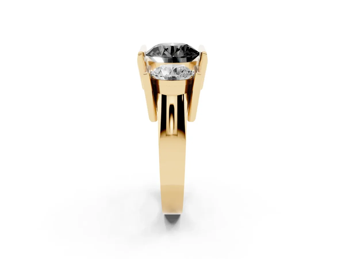 Fancy Black Three Stone Round Cut Cut Channel Set Diamond Ring Yellow gold