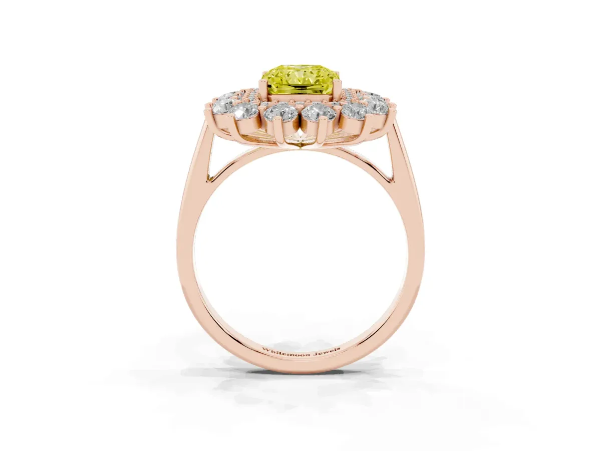 Fancy Yellow Radiant Cut Diamond Floral Double Halo Engagement Ring with Prong Setting Rose gold