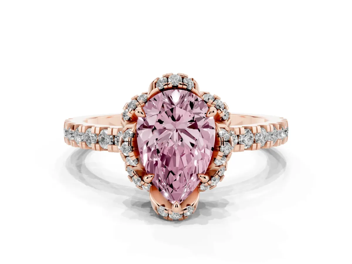 Fancy Pink Pear Cut Diamond Halo Pave Band with Four-Prong Setting Rose gold