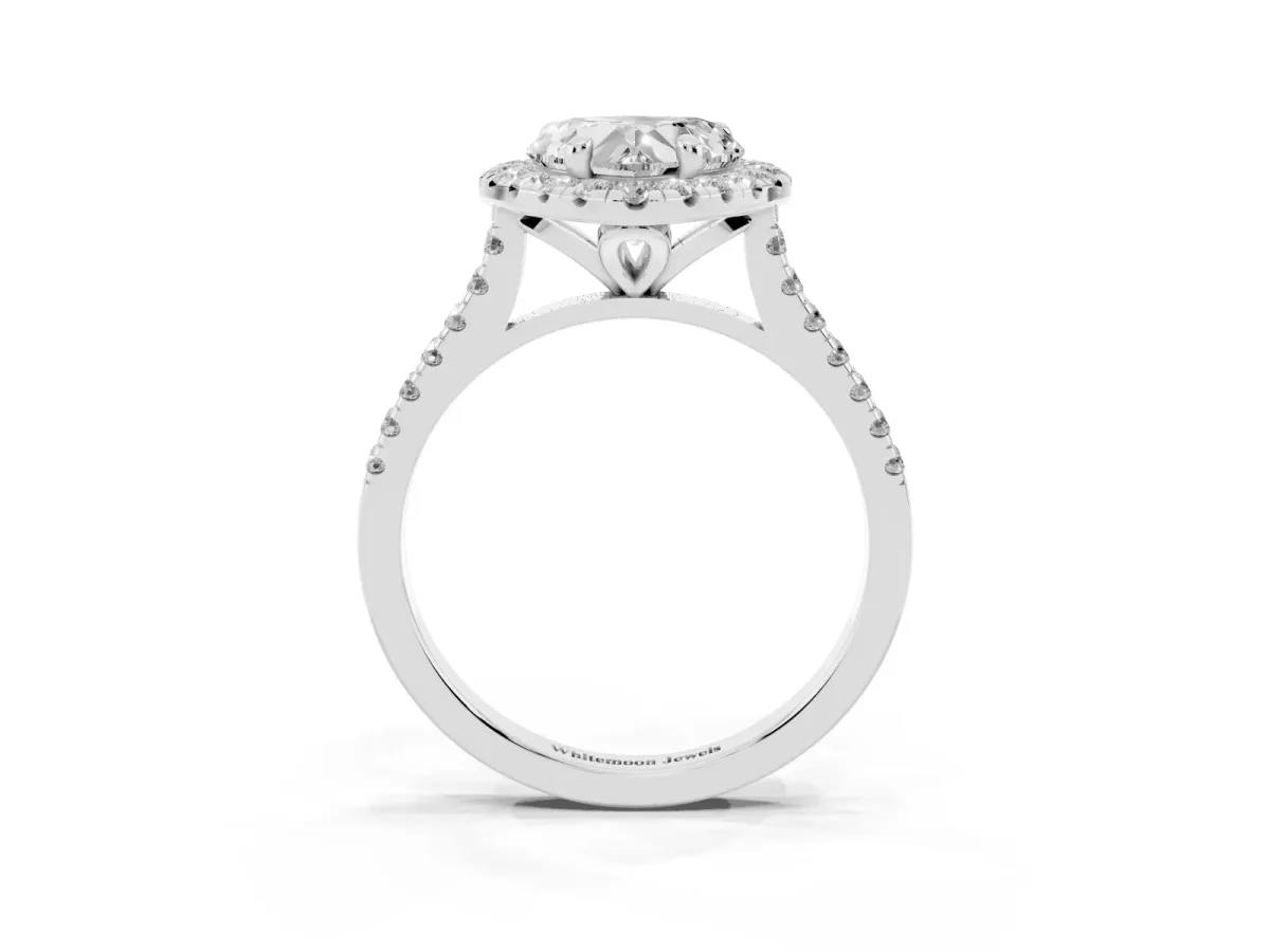 Heart Cut Diamond Cushion Halo Ring with Pavé Band Silver