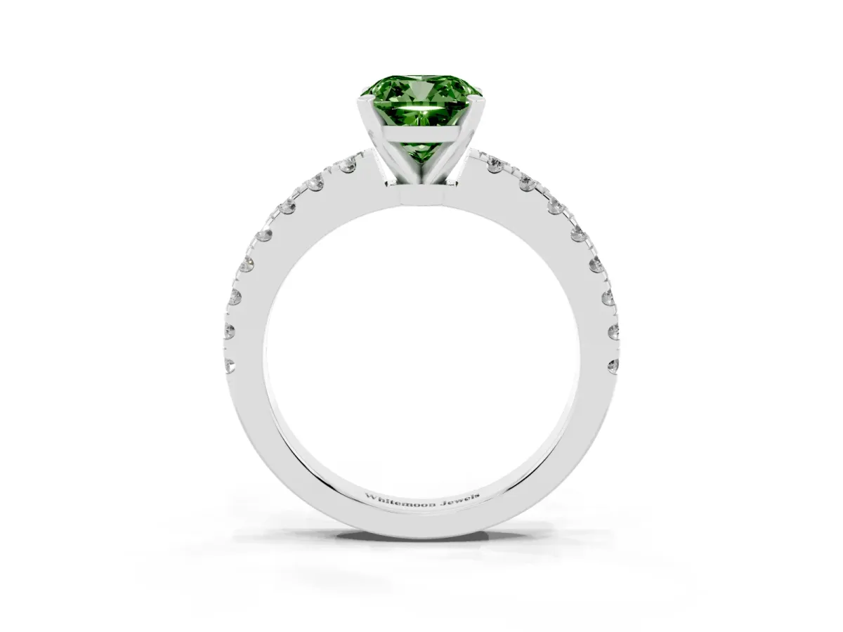 Fancy Green Cushion Cut Solitaire Diamond with Pavé Band and Four-Prong Setting Silver
