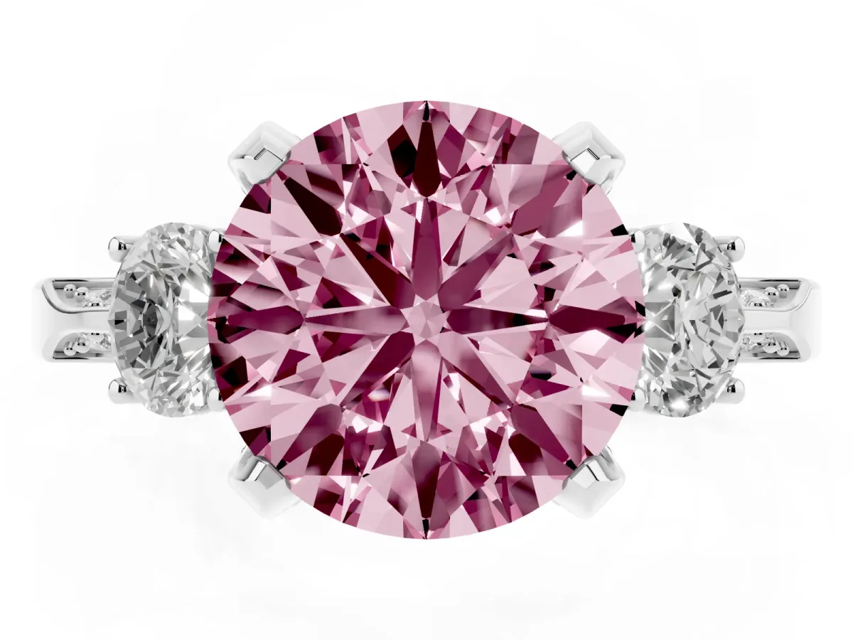 Fancy Pink Round Cut Brilliant Three-Stone Diamond Ring with Pavé Band and Four-Prong Setting White gold
